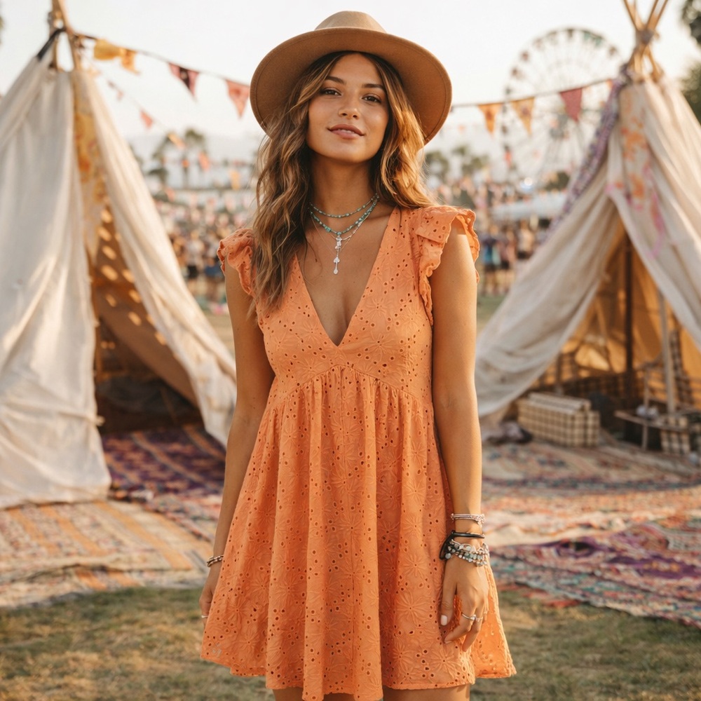 Vici Orange Eyelet Babydoll Dress